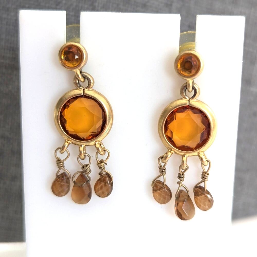 Vintage Stunning Faceted Citrine Glass Dangle Drop Bezel Set Post Earrings